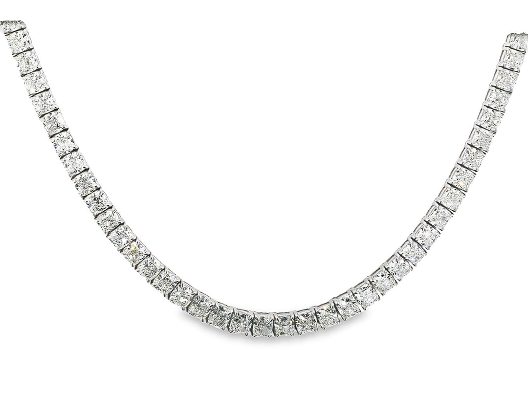 17"" Tennis necklace in platinum with basket prong set GIA certified G-H/VVS1-SI1 (94) cushion cut diamonds.  D48.74ct.t.w.