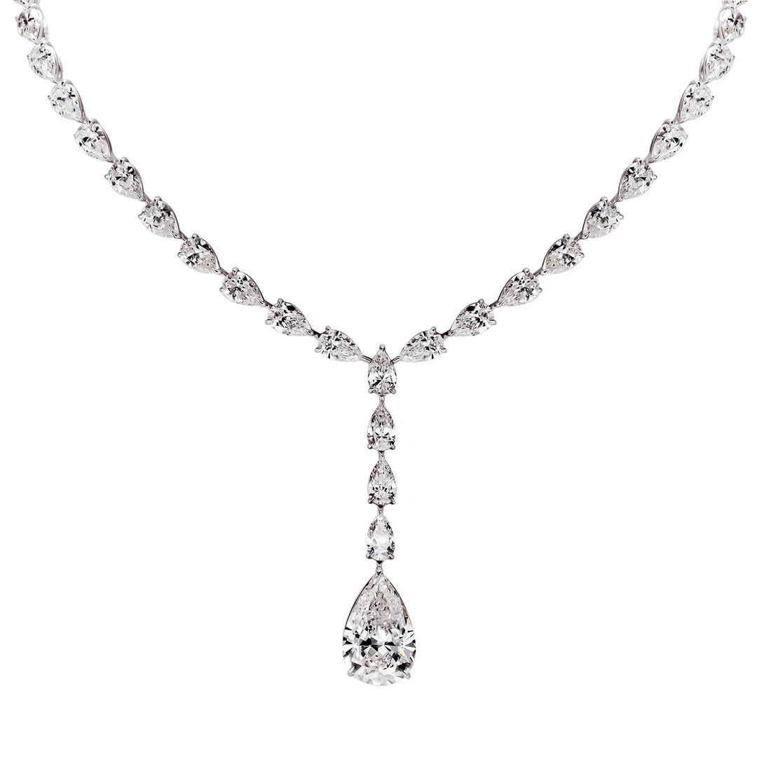 Tennis necklace in platinum with basket prong set (55) pear shapes and GIA certified J/SI2 drop dangling pear shape diamond center.  D36.13ct.t.w.  (Center - 8.02ct.)