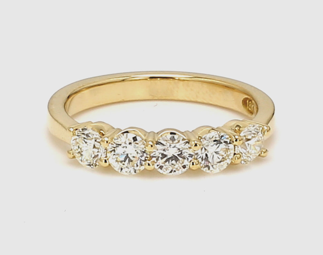 5-stone band in 18K YG with prong set round diamonds.  D0.93ct.t.w.  Size 6