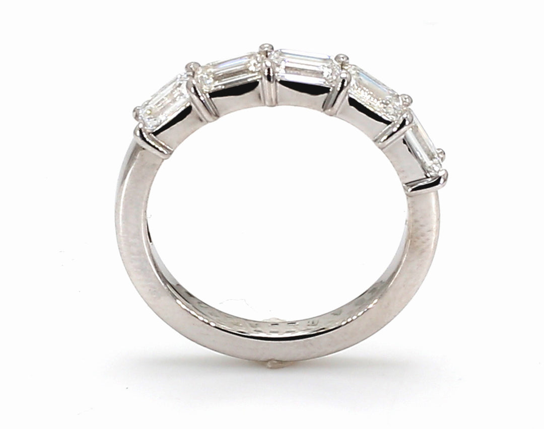 5-stone band east to west style with prong set emerald cut diamonds.  D1.55ct.t.w.  Size 6