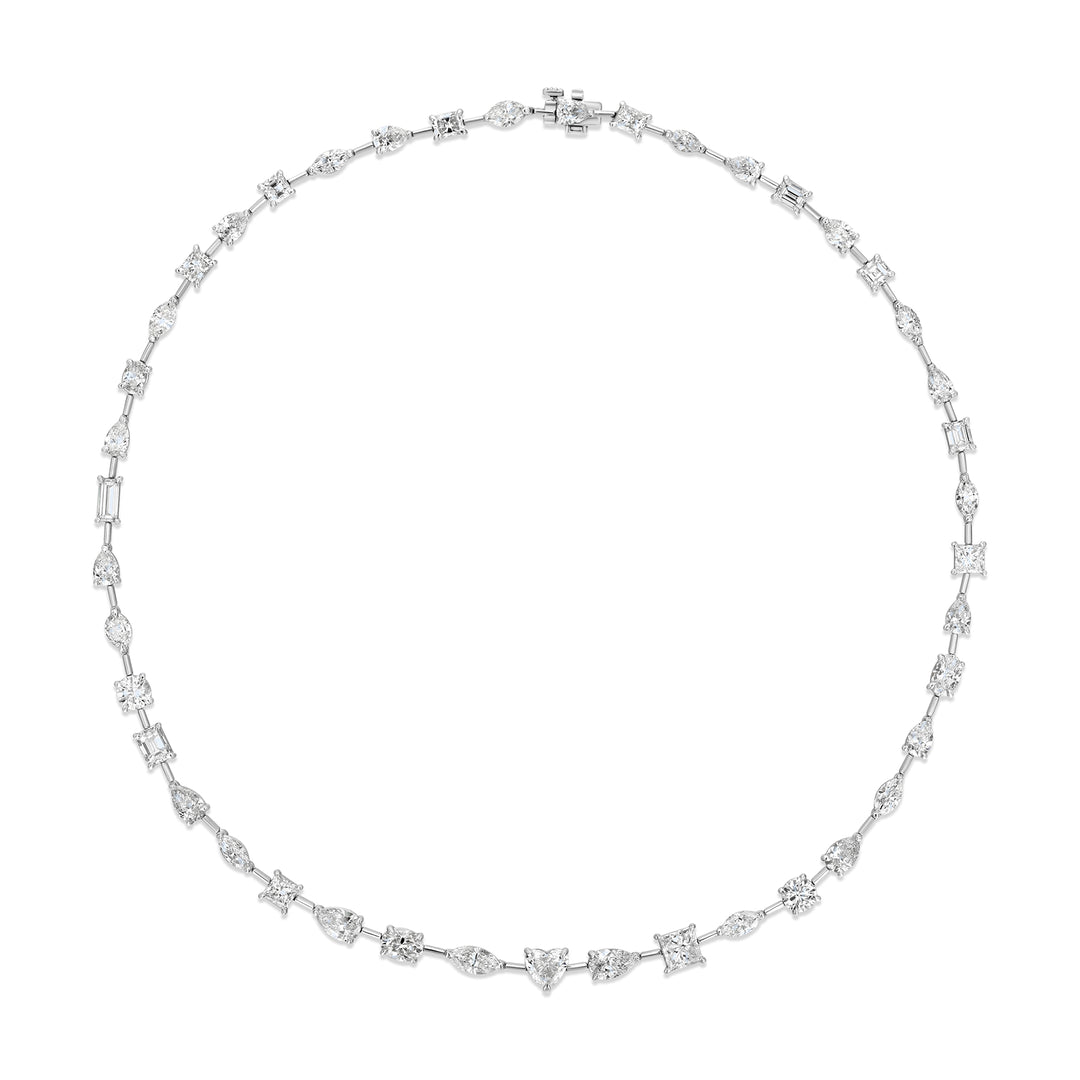 17"" Bar necklace in platinum with basket prong set (43) multi shape diamonds.  D20.17ct.t.w.