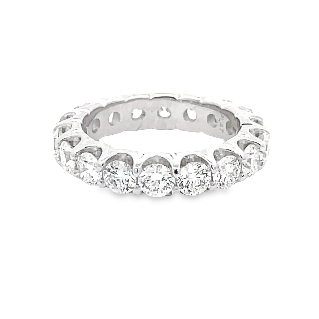 Eternity band in platinum with U-prong set (18) round diamonds.  D3.36ct.t.w.  Size 6.5