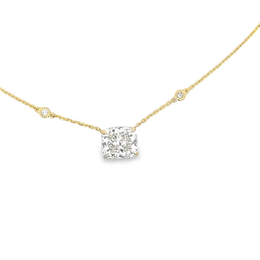 Diamond by the yard necklace in 18K YG with GIA certified L/SI2  cushion cut diamond center.  D5.39ct.t.w.  (Center - 5.01ct.)