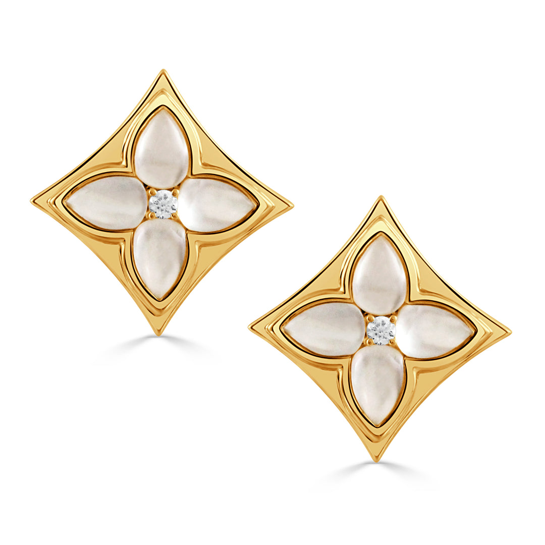E11764WMP-18K YELLOW GOLD DIAMOND EARRING WITH CABOCHON CUT CLEAR QUARTZ OVER WHITE MOTHER OF PEARL