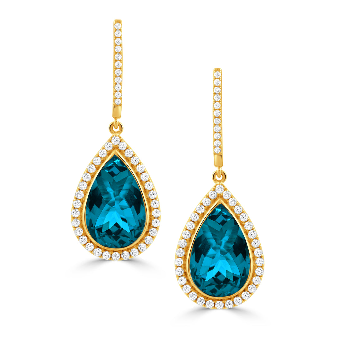 E11900LBT-Y-18K YELLOW GOLD DIAMOND EARRING WITH LONDON BLUE TOPAZ