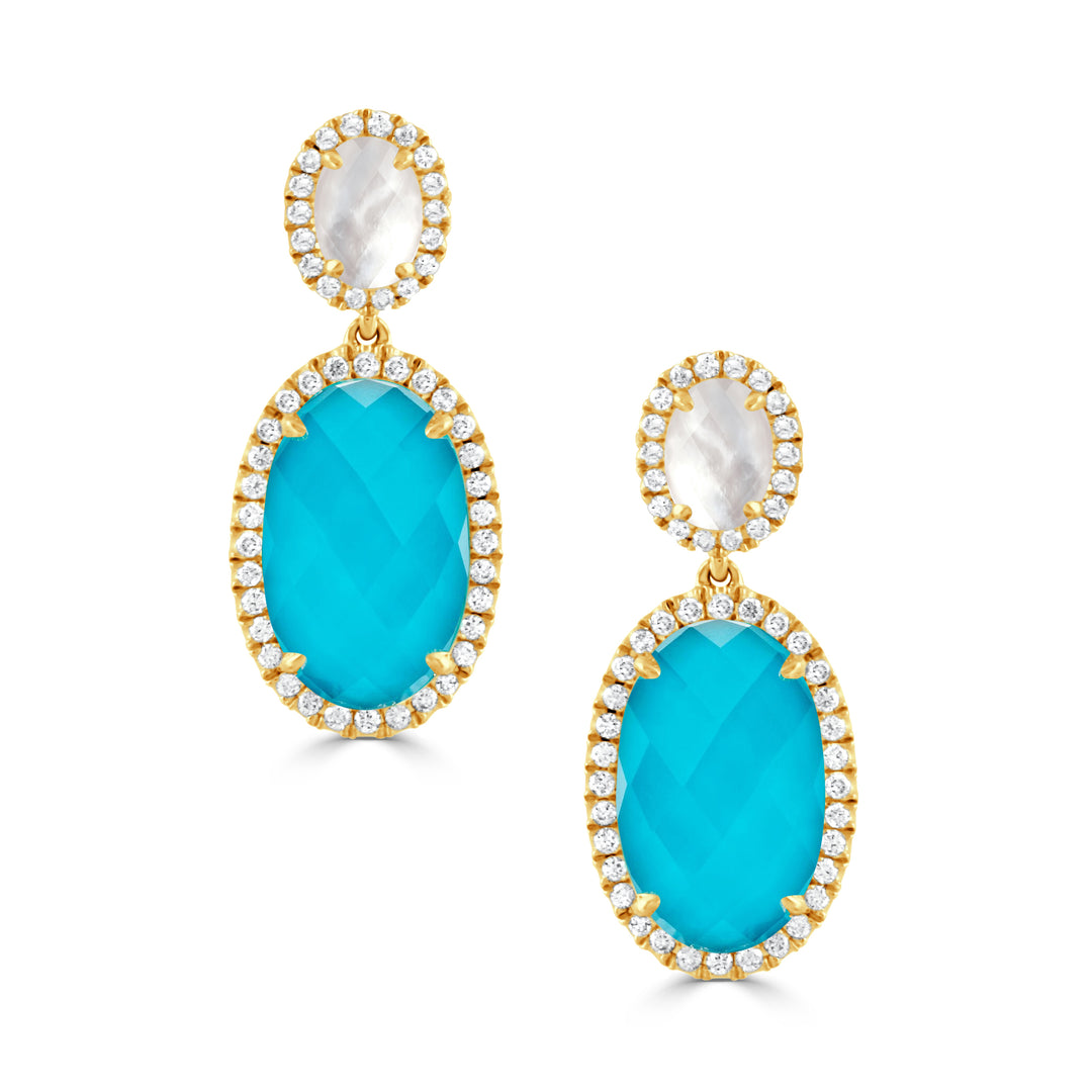 E6273WMPTQ-18K YELLOW GOLD DIAMOND EARRING WITH CLEAR QUARTZ OVER WHITE MOTHER OF PEARL TOP AND WITH CLEAR QUARTZ OVER TURQUOISE BOTTOM