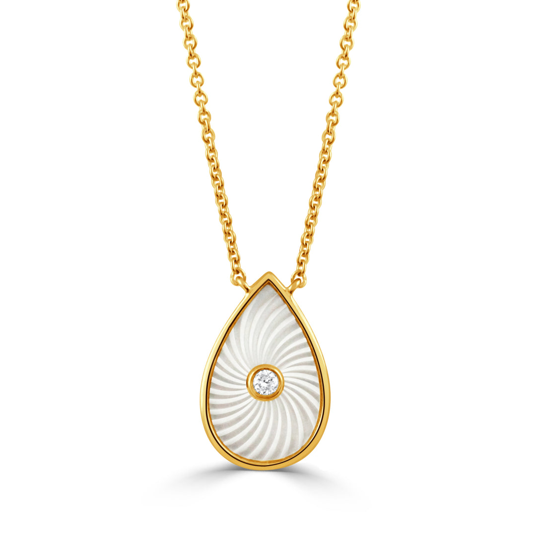 N12073WMP-B-18K YELLOW GOLD DIAMOND NECKLACE WITH CARVED WHITE MOTHER OF PEARL