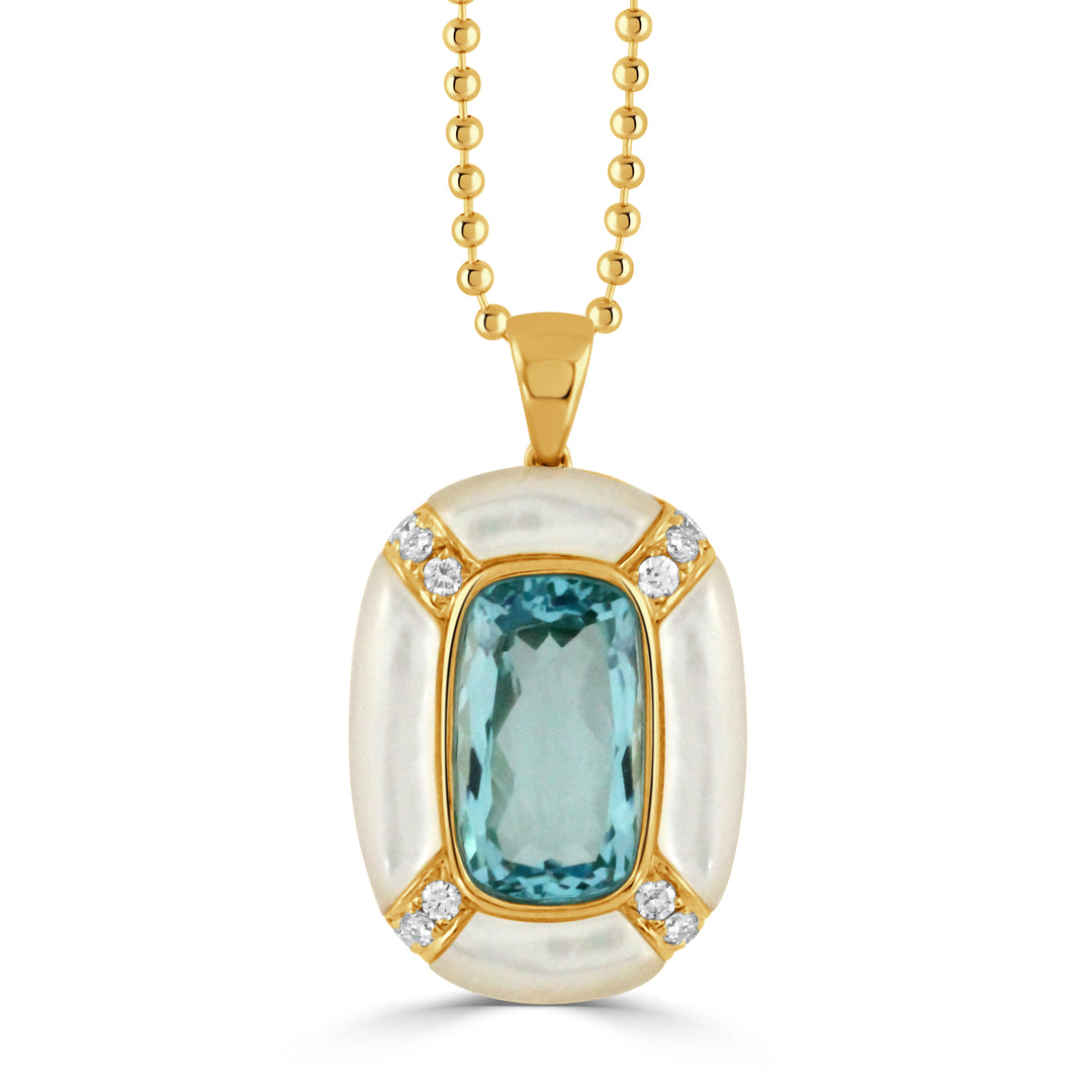 P10972WMPBT-18K YELLOW GOLD DIAMOND PENDANT WITH WHITE MOTHER OF PEARL BORDERS AND LIGHT BLUE TOPAZ CENTER STONE