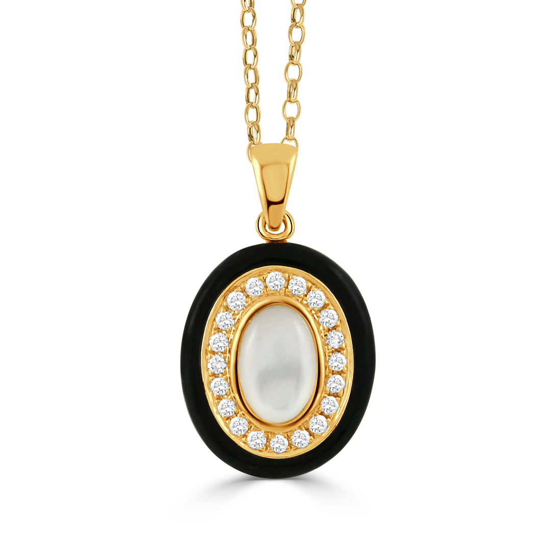 P11661BOMP-18K YELLOW GOLD DIAMOND PENDANT WITH CABUCHON CUT CLEAR QUARTZ OVER WHITE MOTHER OF PEARL CENTER AND BLACK ONYX BORDER