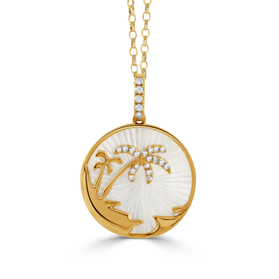 P11927WMP-18K YELLOW GOLD DIAMOND MEDALLION PENDANT WITH WHITE MOTHER OF PEARL