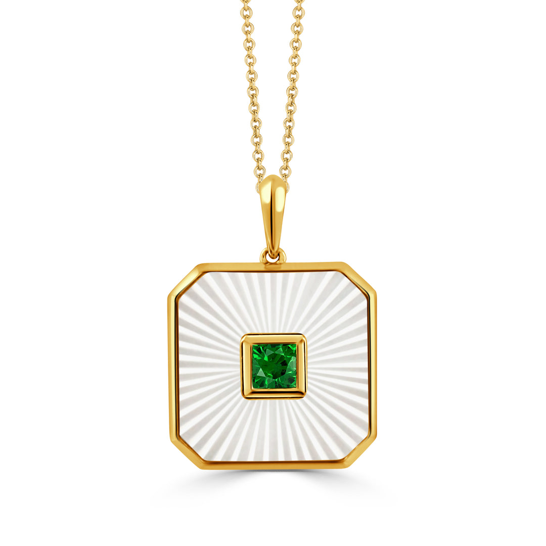 P12148TSMP-A-18K YELLOW GOLD PENDANT WITH CARVED WHITE MOTHER OF PEARL AND TSAVORITE CENTER STONE