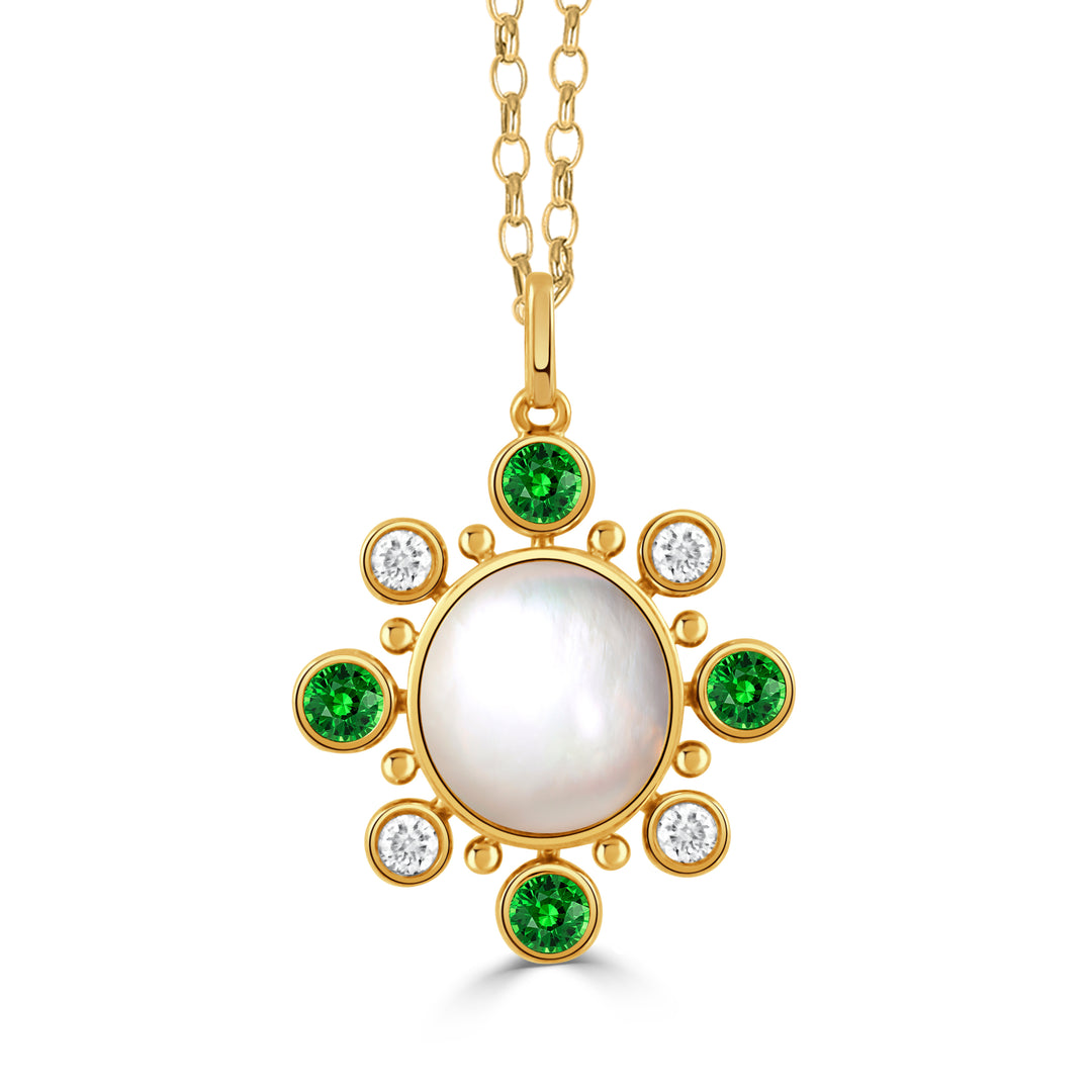 P12324TSMP-18K YELLOW GOLD DIAMOND PENDANT WITH TSAVORITE AND CABOCHON CUT CLEAR QUARTZ OVER WHITE MOTHER OF PEARL CENTER