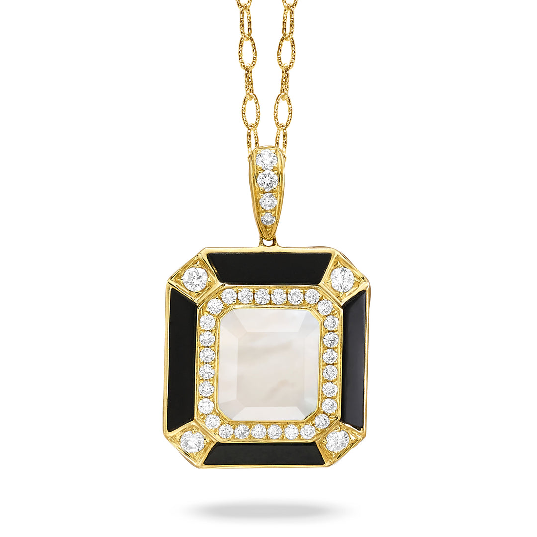 P8804BOMP-18K YELLOW GOLD DIAMOND PENDANT WITH BLACK ONYX  BORDERS AND FLAT CUT WHITE MOTHER OF PEARL CENTER