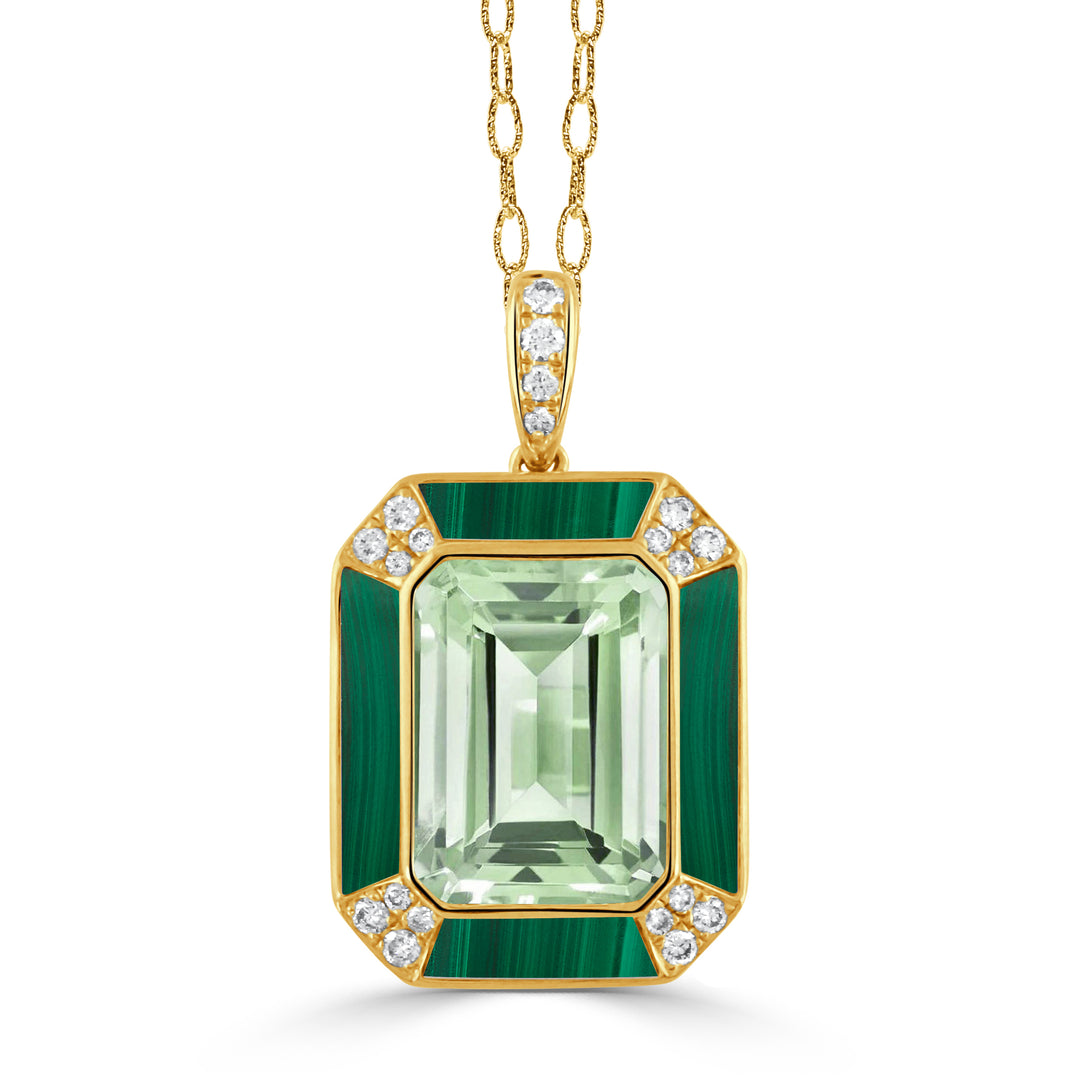 P8897GAMC-18K YELLOW GOLD DIAMOND PENDANT WITH GREEN AMETHYST CENTER AND MALACHITE BORDER