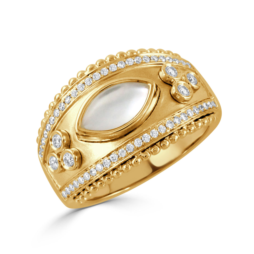 R10430WMP-18K YELLOW GOLD DIAMOND RING WITH CABOCHON CUT CLEAR QUARTZ OVER WHITE MOTHER OF PEARL