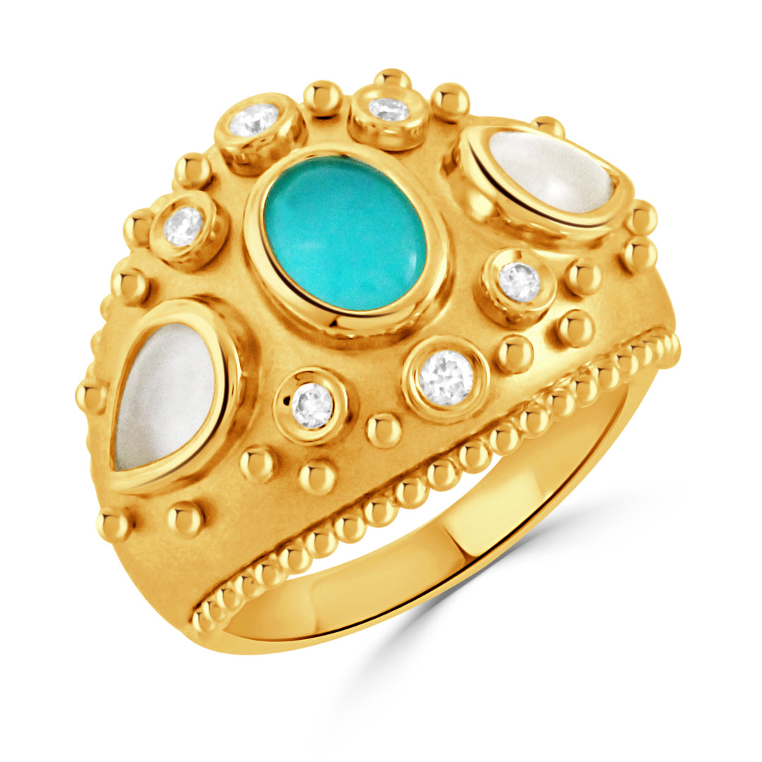R11689WMPTQ-18K YELLOW GOLD RING WITH CLEAR QUARTZ OVER CABOCHON CUT WHITE MOTHER PEARL SIDES AND CLEAR QUARTZ OVER TURQUOISE CENTER